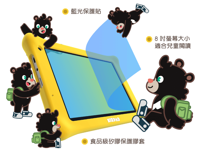 藍光保護貼、8吋螢幕大小適合兒童閱讀、食品級矽膠保護套